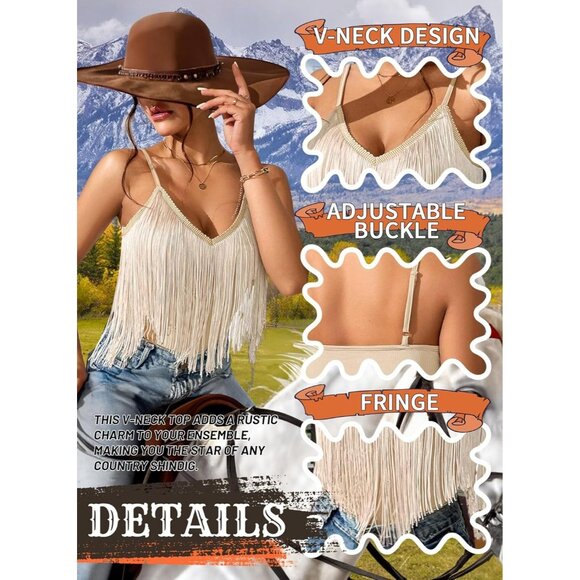 Women's Khaki Fringe Tank Top Western Festival Clothing Cowgirl V Neck Outfits - Picture 4 of 6